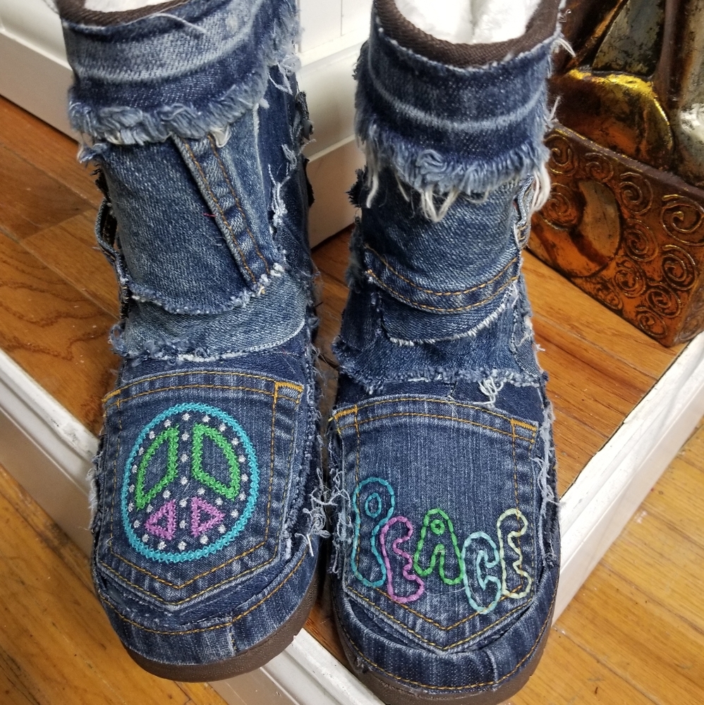 Custom denim peace symbol boots
